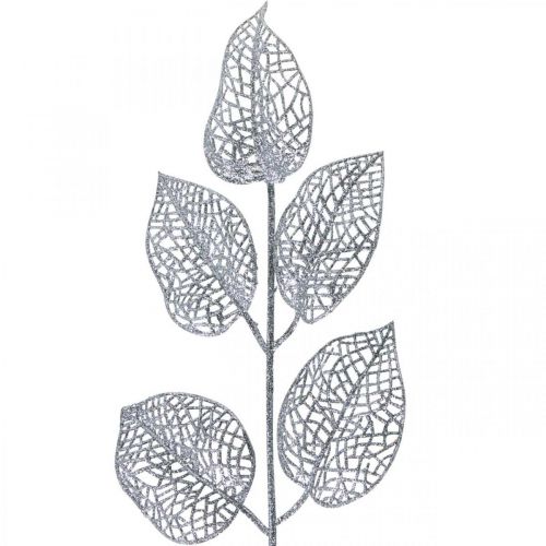 Plantes artificielles, décoration branche, déco feuille argent pailleté L36cm 10p
