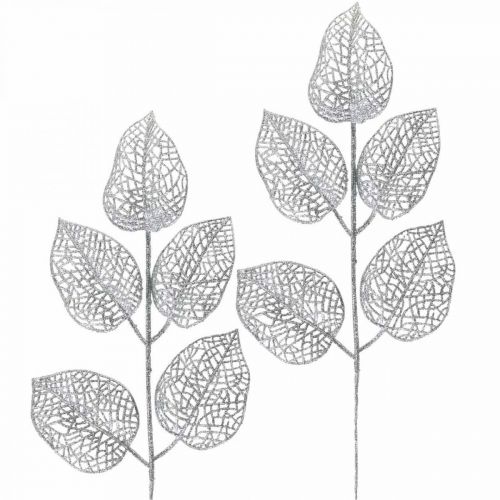 Plantes artificielles, décoration branche, déco feuille argent pailleté L36cm 10p