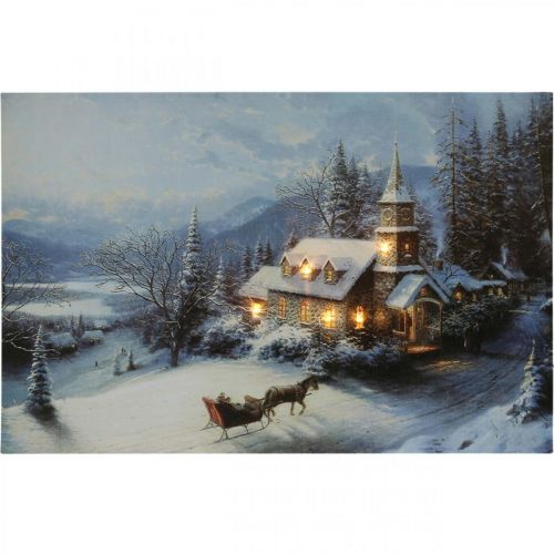 Floristik24 Image LED Paysage d&#39;hiver de Noël avec église murale LED 58x38cm