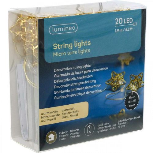 Article Guirlande lumineuse LED étoiles micro LED minuterie intérieur doré 1.90m