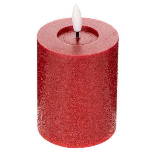 Bougie pilier LED en cire véritable rouge avec minuterie et lumière blanc chaud, 12 cm