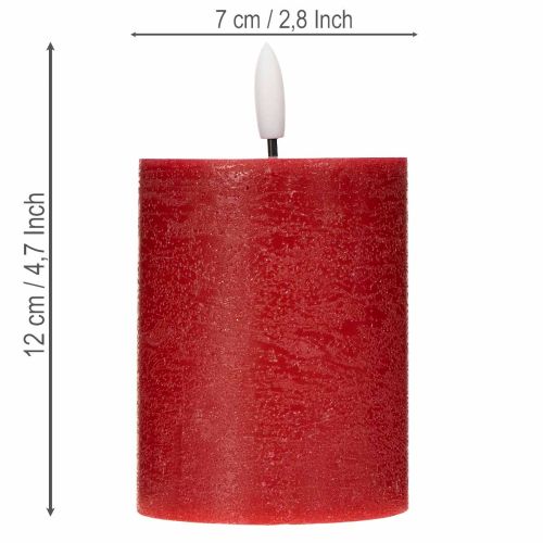 Bougie pilier LED en cire véritable rouge avec minuterie et lumière blanc chaud, 12 cm | Floristik24.be