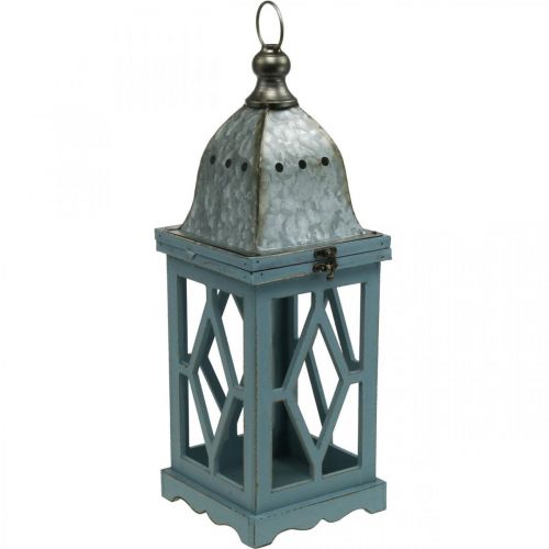 Article Lanterne en bois avec décoration en métal, lanterne décorative à suspendre, décoration de jardin bleu-argent H51cm