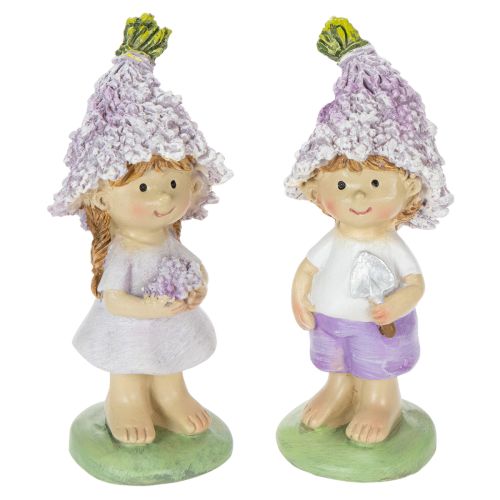 Floristik24 Figurine décorative représentant un garçon et une fille fleuris dans un pot de lavande, pour le salon et le jardin, 10 cm, lot de 2.
