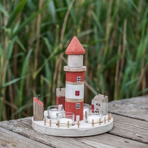 Floristik24 Photophore phare rouge, blanc 4 bougies chauffe-plat Ø25cm H28m