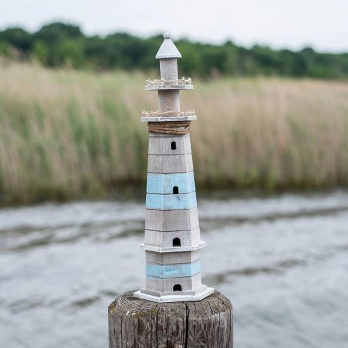 Article Phare à poser, décoration maritime en bois nature, bleu-blanc shabby chic H54cm