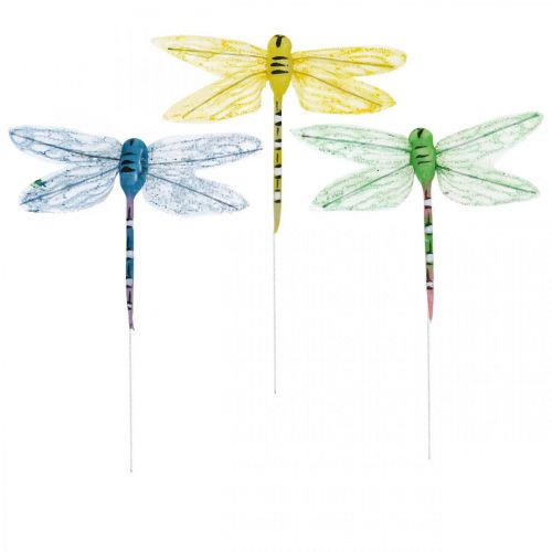 Article Décoration d&#39;été, libellules sur fil, insectes décoratifs jaune, vert, bleu L10,5cm 6pcs