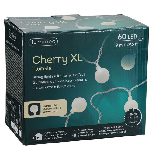 Article Guirlande lumineuse boules minuterie 60 LED blanc chaud intérieur extérieur 9m