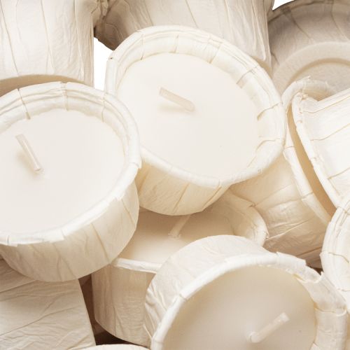 Article Bougie chauffe-plat sous étui en papier pour les fêtes et les moments d'ambiance. Lot de 50 bougies de 4 cm.
