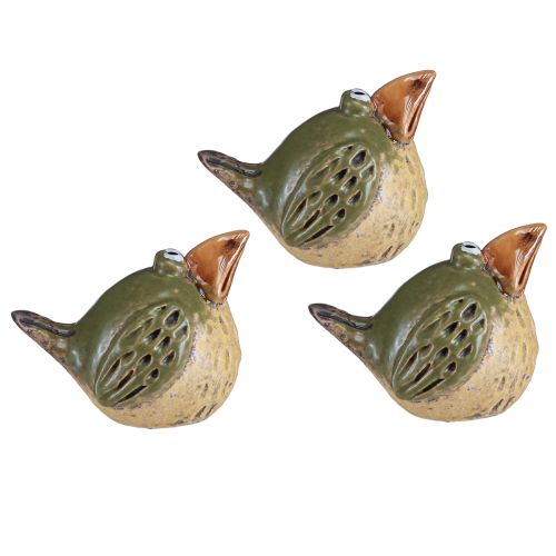 Floristik24 Décoration en céramique oiseau rigolo vert printemps 9×7,5×6,5cm 3 pcs
