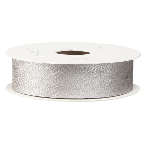 Article Luxueux ruban de soie argenté avec un élégant motif de plumes - idéal pour les mariages et les occasions festives. Large 25 mm, longueur 15 m.