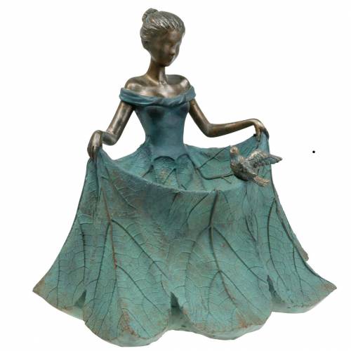 Figurine jardin bain d&#39;oiseau fille en robe fleurie H33.5cm