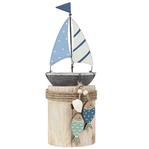 Article Décoration maritime voilier bois avec poisson blanc bleu H24cm