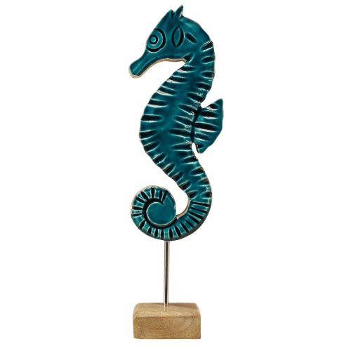 Décoration maritime hippocampe sur pied bois de manguier turquoise 19,5cm