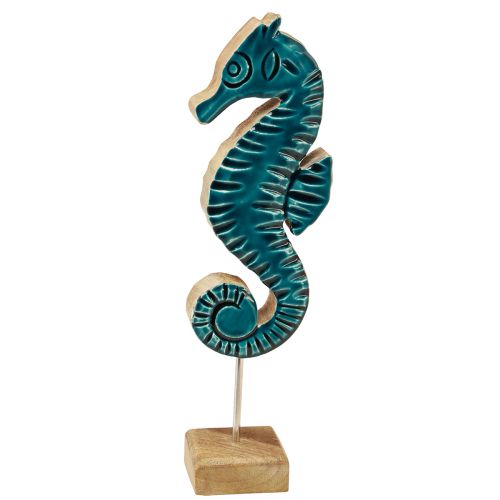 Article Décoration maritime hippocampe sur pied bois de manguier turquoise 19,5cm