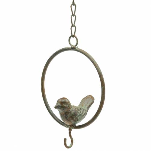 Article Oiseau dans un anneau en guise de suspension métal marron-vert Ø9.8cm L32.5cm