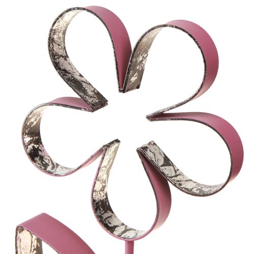 Article Décoration Métal Fleur sur Socle Bois Vieux Rose Argent H29cm
