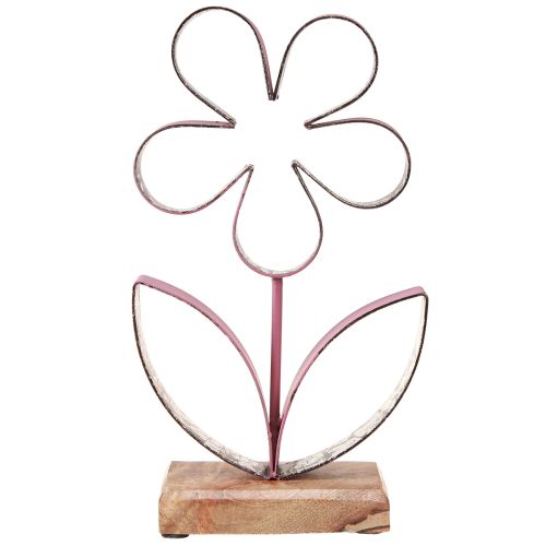 Article Décoration Métal Fleur sur Socle Bois Vieux Rose Argent H29cm