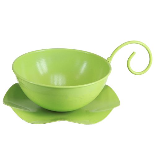 Floristik24 Tasse décorative en métal vert pomme avec soucoupe H8cm Ø11,5cm 2pcs
