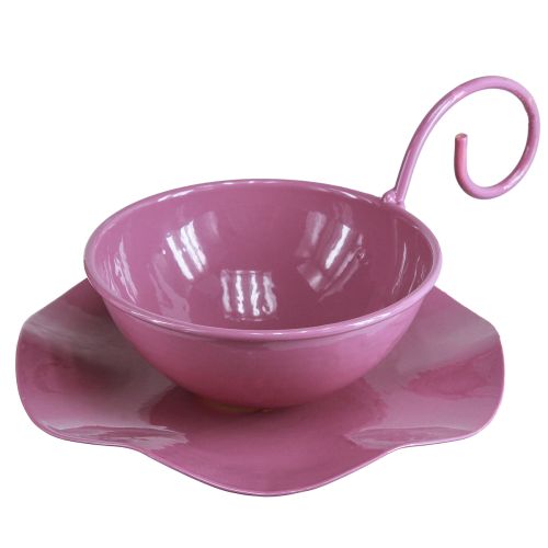 Floristik24 Tasse décorative en métal avec soucoupe rose H8cm Ø11,5cm 2pcs