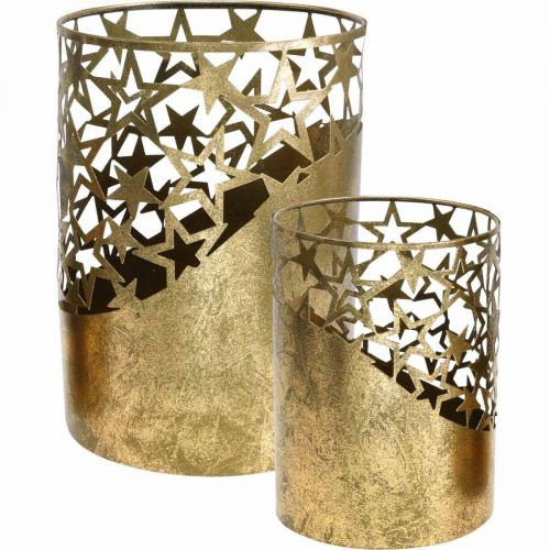 Lanterne en métal aspect feuille d&#39;or étoiles Ø15cm/20cm lot de 2