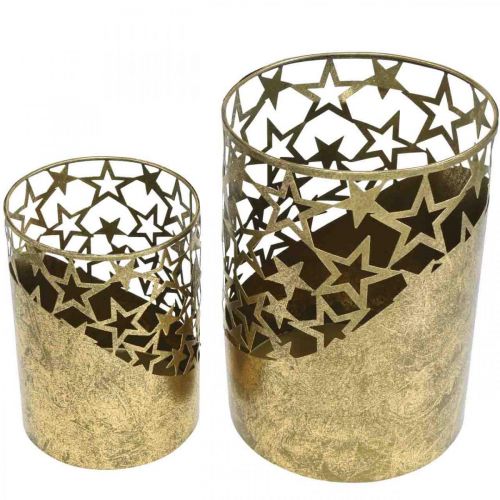 Article Lanterne en métal aspect feuille d'or étoiles Ø15cm/20cm lot de 2