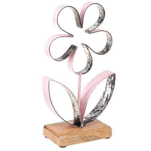 Article Fleur en métal sur socle en bois rose argenté vintage H29cm