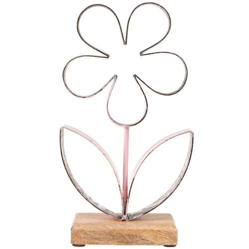 Article Fleur en métal sur socle en bois rose argenté vintage H29cm