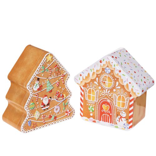 Boîte de Noël, boîte à biscuits, sapin et maison de Noël, aspect pain d'épice, 14 cm, 2 pièces acheter | Floristik24.be