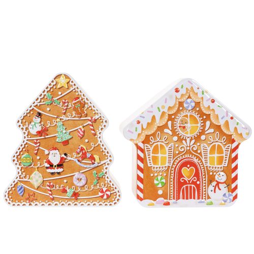 Boîte de Noël, boîte à biscuits, sapin et maison de Noël, aspect pain d'épice, 14 cm, 2 pièces | Floristik24.be
