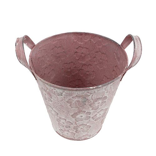 Floristik24 Seau en tôle avec fleurs rose Ø 15,5 cm H. 15 cm