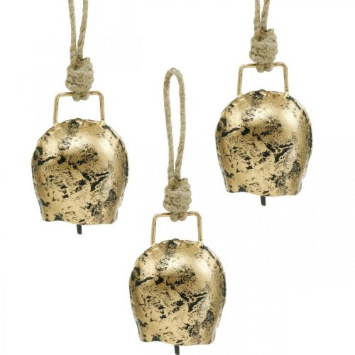 Floristik24 Cloches à accrocher, mini cloches à vache, maison de campagne, cloches en métal doré, aspect antique 7 × 5cm 12pcs
