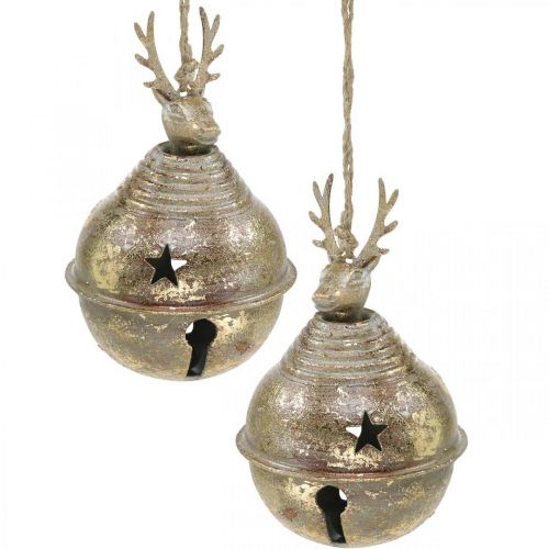 Floristik24 Cloches en métal avec décoration de rennes, décoration de l&#39;Avent, cloche de Noël avec étoiles, cloches dorées aspect antique Ø9cm H14cm 2 pièces