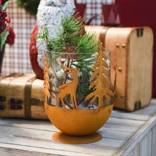 Floristik24 Bol en métal avec cerf, décoration forêt pour l&#39;Avent, récipient décoratif en acier inoxydable Ø25cm H29cm