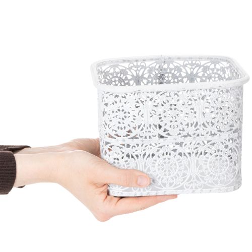 Article Bols en métal à motif dentelle, récipient décoratif, carré, style shabby chic, blanc, 27 x 23 x 19 cm, hauteur 13,5 cm, lot de 3