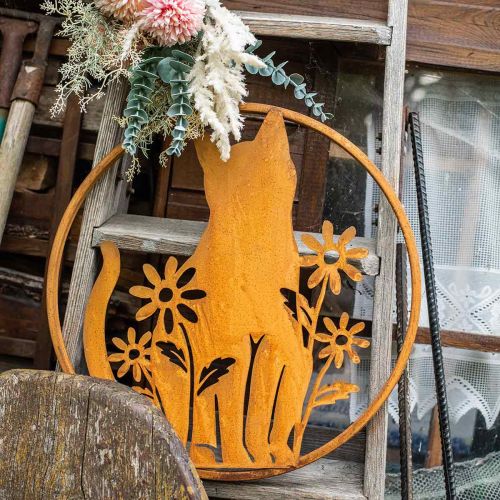 Floristik24 Plaque en métal patine chat avec fleurs Ø38cm