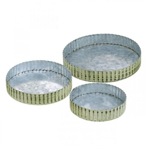 Floristik24 Assiettes en métal pour décorer, décoration de table, bougeoir rond argenté, vert shabby chic Ø14/16,5/19,5 cm H3,5 cm lot de 3