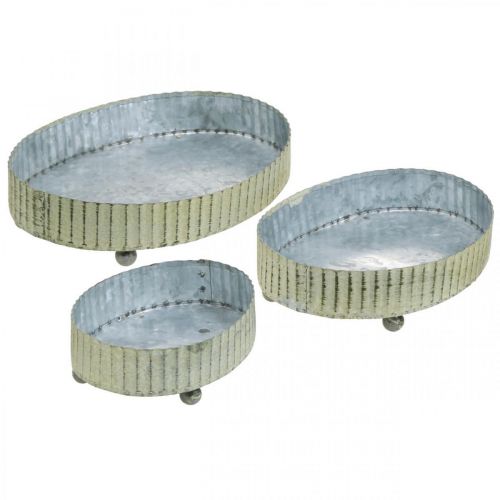 Floristik24 Plateau à décorer, plateau bougie ovale, décoration métal argenté, vert shabby chic L25/22/18cm H6cm lot de 3