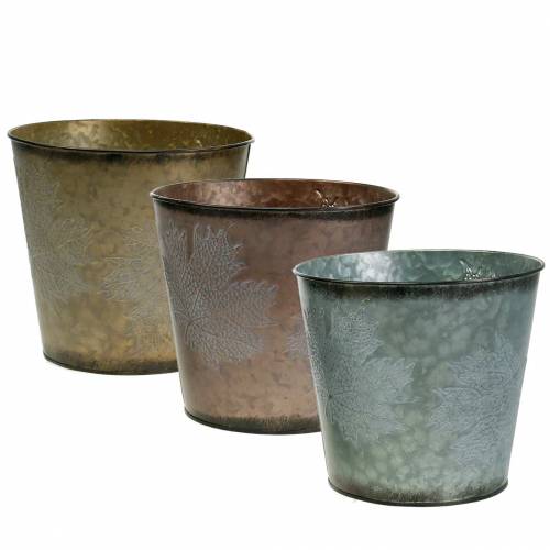 Floristik24 Cache-pot décoratif à feuilles zinc gris métallisé, orange, marron Ø26cmH22cm 3pcs