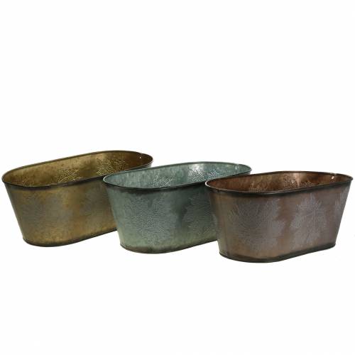 Floristik24 Cache-pot décoratif avec feuilles ovale zinc gris métallisé, orange, marron 38 × 20cm H15cm 3pcs