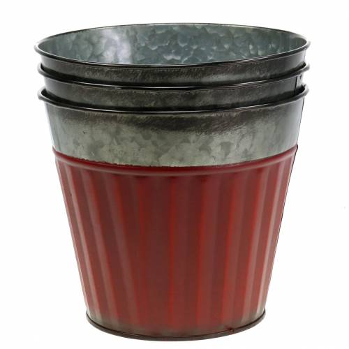 Floristik24 Cache-pot rouge, zinc argent Ø17,5cm H15cm lot de 3