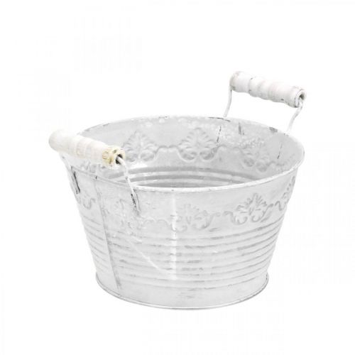 Bol décoratif à planter, pot avec anses en bois, décoration métal blanc, argent Ø16,5cm H12,5cm L20cm