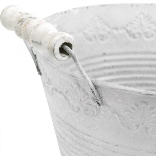 Article Jardinière en relief, bol décoratif avec poignées en bois, pot en métal blanc, argent Ø18.5cm H12cm L22cm