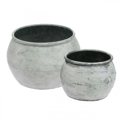 Floristik24 Pot rond en métal, vase décoratif, bol à plantes argent, blanc lavé, aspect antique Ø25,5 / 18cm H17 / 13cm, lot de 2