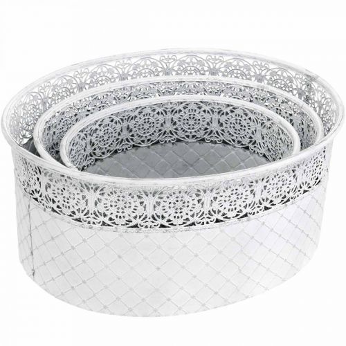 Article Bol à planter, récipient en métal avec motif ajouré, pot décoratif ovale blanc, argenté shabby chic L41,5/35/29,5 cm H19/16/14,5 cm lot de 3