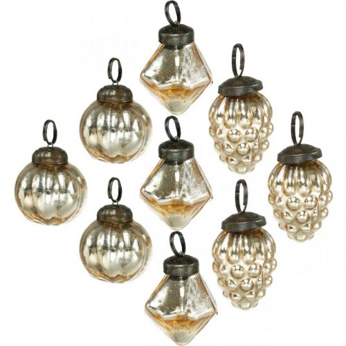 Mini boules d&#39;arbre, diamant / boule / cône, suspensions d&#39;arbres mélange aspect antique Ø3–3,5cm H4,5–5,5cm 9pcs