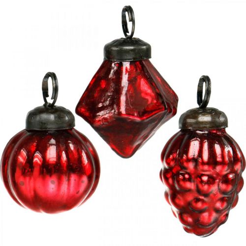 Floristik24 Mini mélange de décoration d'arbre, diamant / boule / cône, boules de verre aspect antique Ø3–3,5cm H4,5–5,5cm 9pcs
