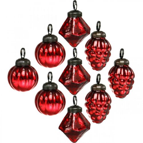 Floristik24 Mini mélange de décoration d'arbre, diamant / boule / cône, boules de verre aspect antique Ø3–3,5cm H4,5–5,5cm 9pcs