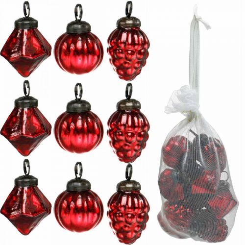 Floristik24 Mini mélange de décoration d'arbre, diamant / boule / cône, boules de verre aspect antique Ø3–3,5cm H4,5–5,5cm 9pcs