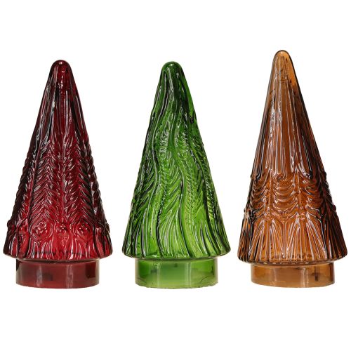 Article Mini sapin de Noël en verre LED rouge vert marron 18 cm 3 pièces